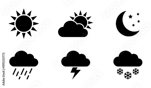 Minimalist weather icon set, black silhouette meteorology symbols, collection of 6 vector weather signs for mobile apps and forecast interfaces