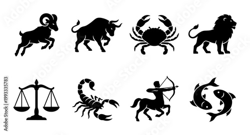 Zodiac signs black silhouette vector set, astrology horoscope icons collection, mystical celestial symbols including lion and scorpion
