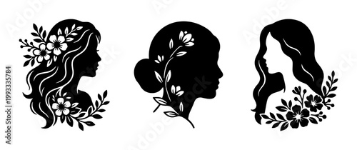 Elegant female silhouette vector set with floral hair details, black woman profile icons with flowers, minimalist feminine beauty logo collection