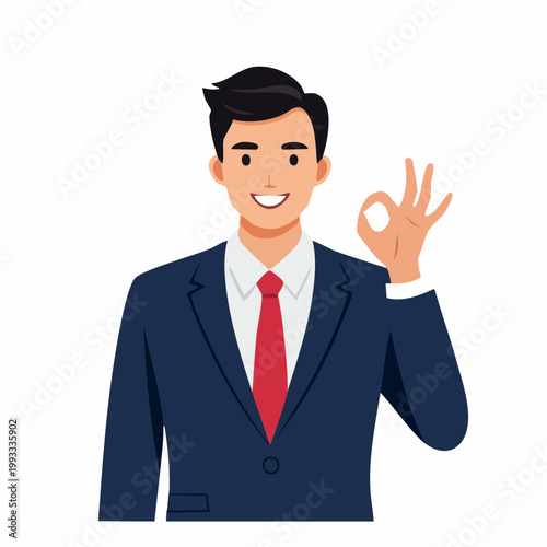 手でOKサインを作るビジネスマンのフラットイラスト