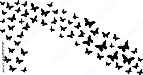 Multiple dark butterfly silhouettes ascend and flow across a clean white canvas, forming a dynamic arc