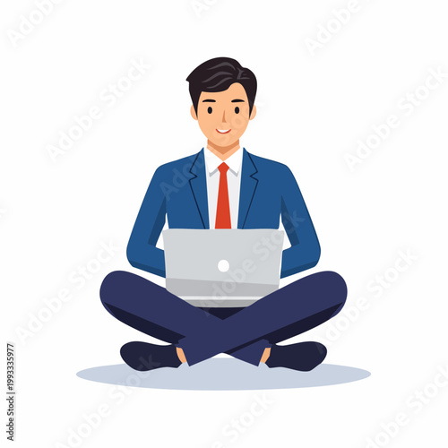 ノートパソコンを操作するビジネスマンのフラットイラスト（テレワーク）