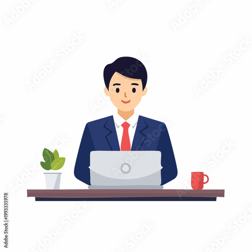 ノートパソコンを操作するビジネスマンのフラットイラスト（テレワーク）