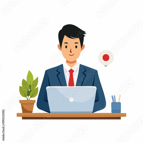 ノートパソコンを操作するビジネスマンのフラットイラスト（テレワーク）