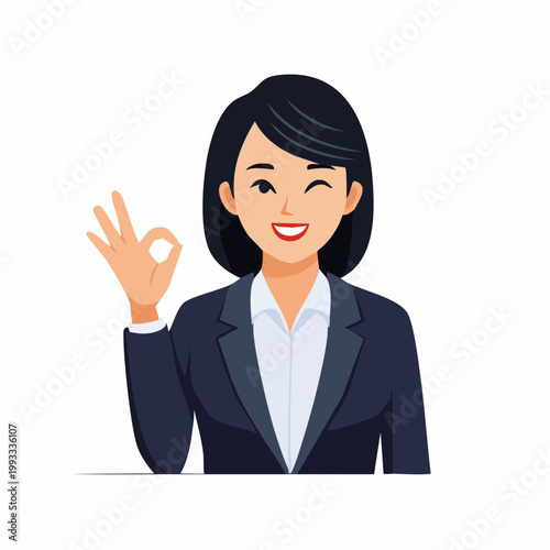 手でOKサインを作るビジネスウーマンのフラットイラスト