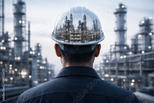 Industrial engineer observing vast industrial refinery complex. Ai generative