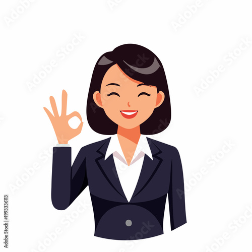 手でOKサインを作るビジネスウーマンのフラットイラスト