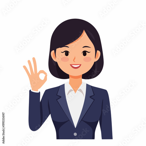 手でOKサインを作るビジネスウーマンのフラットイラスト