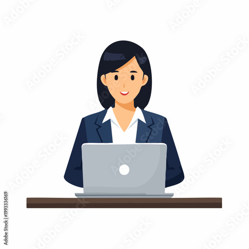 ノートパソコンを操作するビジネスウーマンのフラットイラスト（テレワーク）