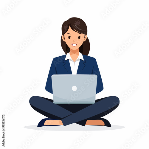 ノートパソコンを操作するビジネスウーマンのフラットイラスト（テレワーク）