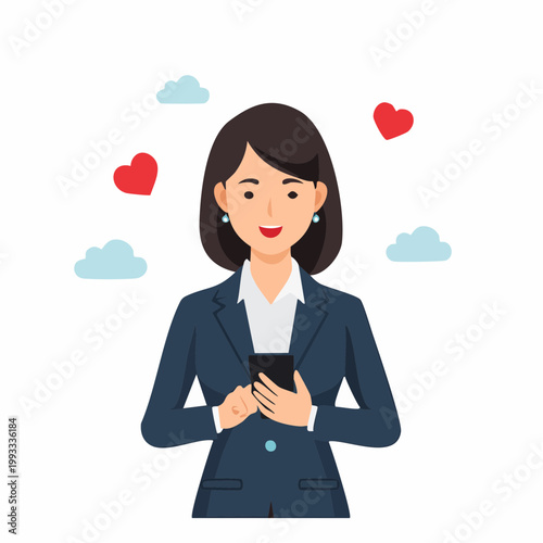 スマホを操作するビジネスウーマンのフラットイラスト