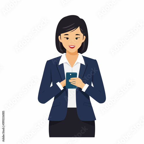 スマホを操作するビジネスウーマンのフラットイラスト