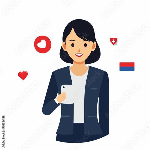 スマホを操作するビジネスウーマンのフラットイラスト
