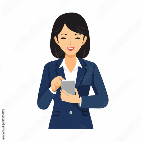 スマホを操作するビジネスウーマンのフラットイラスト