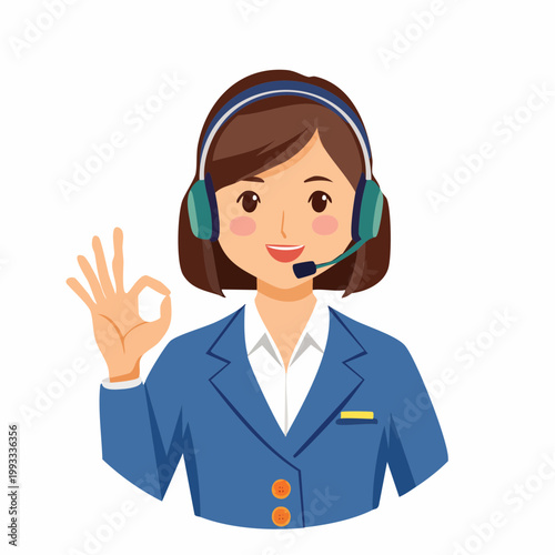 ヘッドセットをつけてOKサインを出す女性オペレーターのフラットイラスト