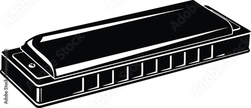 Black and white illustration of a harmonica musical instrument