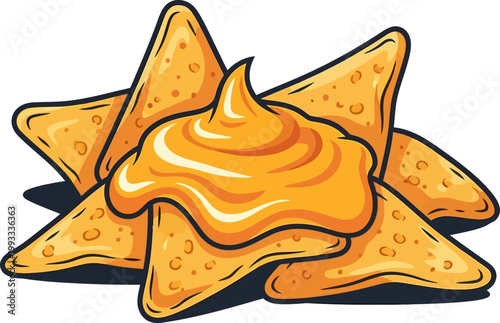 Mexican nachos tortilla chips with melted cheese dip vector illustration