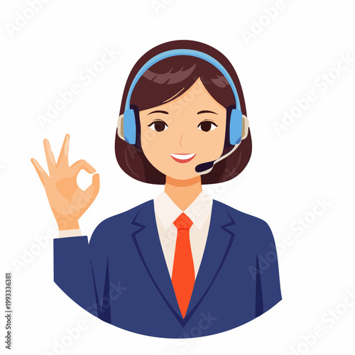 ヘッドセットをつけてOKサインを出す女性オペレーターのフラットイラスト
