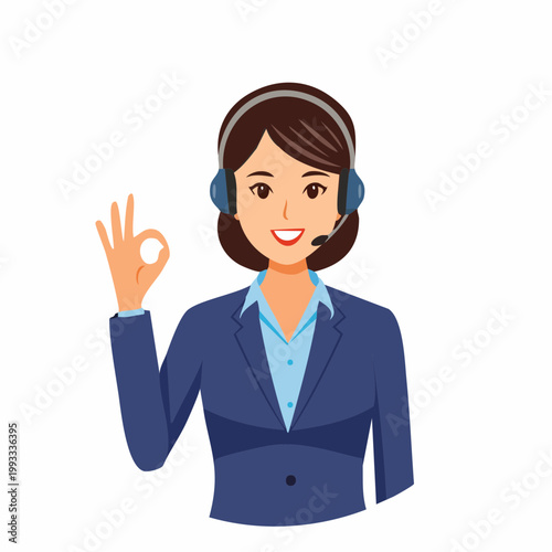 ヘッドセットをつけてOKサインを出す女性オペレーターのフラットイラスト