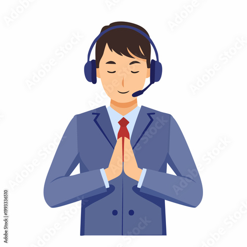 ヘッドセットをつけて丁寧にお辞儀をする男性オペレーターのフラットイラスト