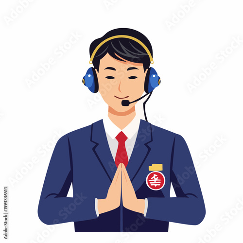 ヘッドセットをつけて丁寧にお辞儀をする男性オペレーターのフラットイラスト