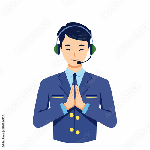 ヘッドセットをつけて丁寧にお辞儀をする男性オペレーターのフラットイラスト