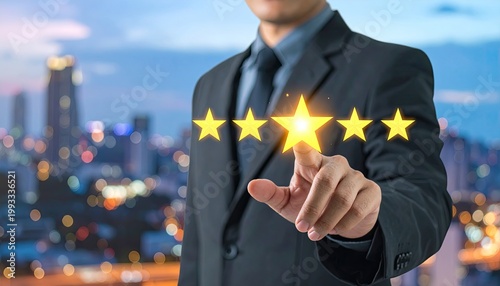 Man in suit touching glowing stars overlay, cityscape blurred in background at twilight
