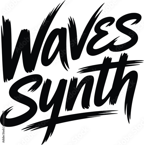 Black and white hand-drawn waves and synth text typography
