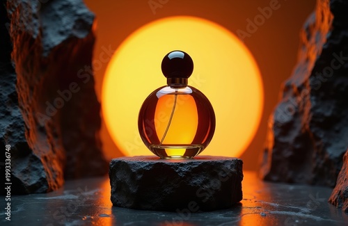 Glass perfume bottle sits on rough stone pedestal. Warm orange light glows behind, creating dramatic shadows. Natural elements frame this luxury cosmetic product.