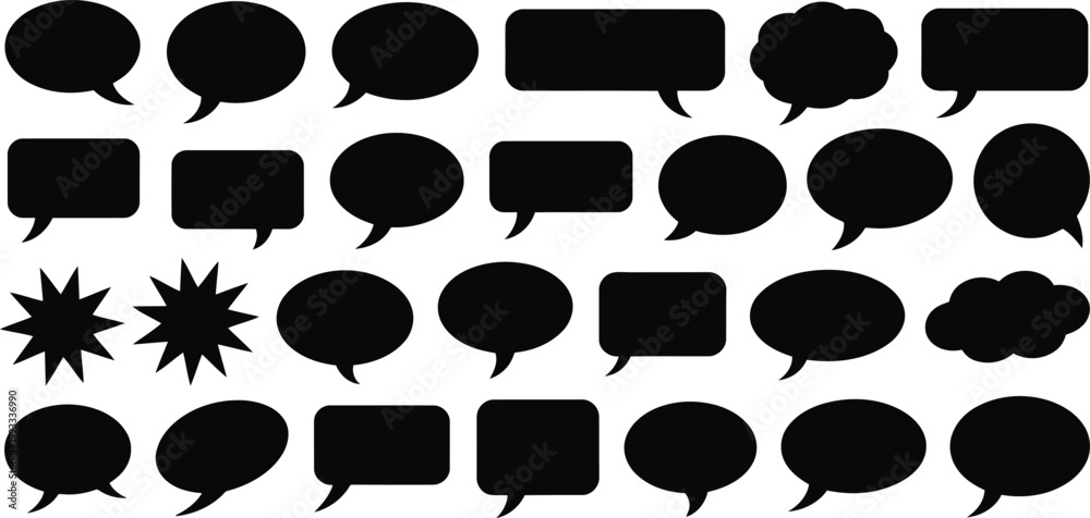 Fototapeta premium Numerous black speech and thought bubble outlines displayed in rows on a clean white backdrop