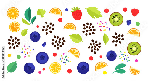 Flat Vector Illustration Set of Fresh Fruit Particles with Kiwi Slices Lemon Wedges Berries and Passion Fruit Isolated on White Background for Juice Branding