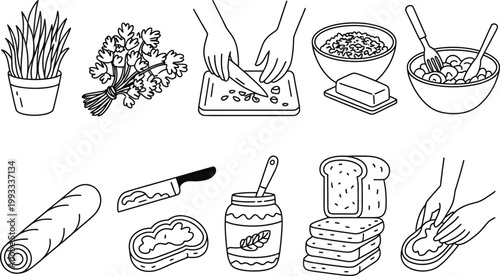 Black and white line of various plant and food plant food cactus