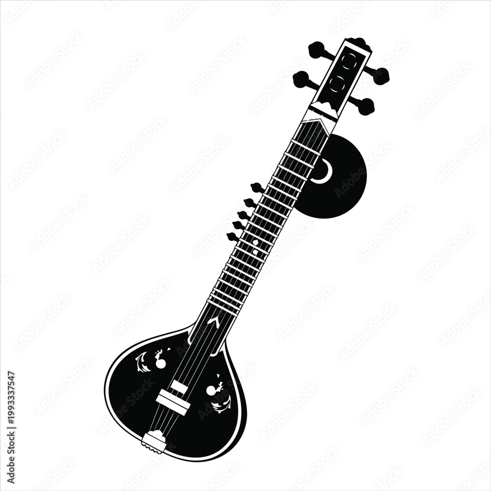 Fototapeta premium Black Sitar Musical Instrument Silhouette on White Background