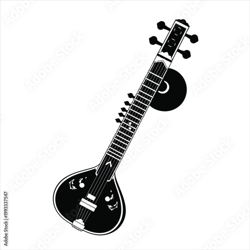 Black Sitar Musical Instrument Silhouette on White Background