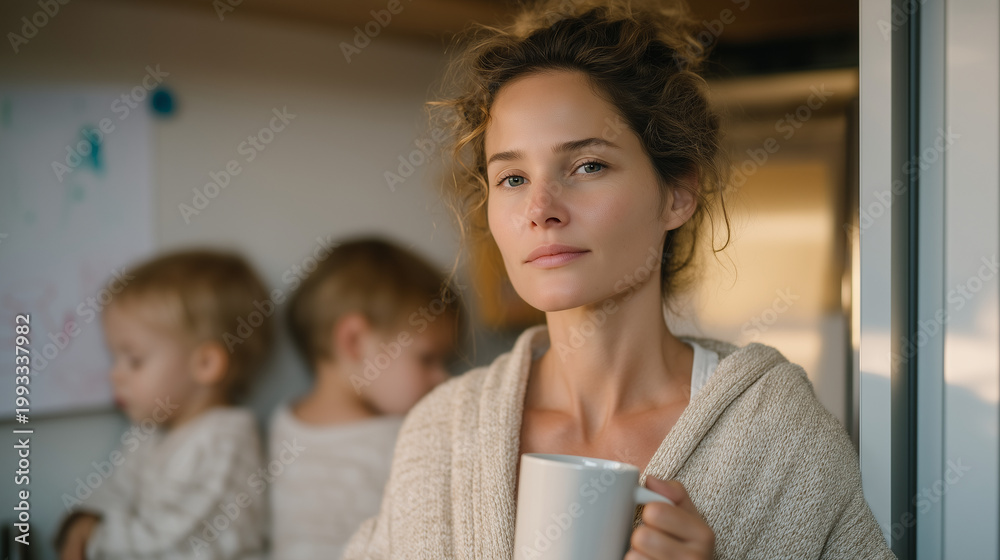 Obraz premium Spring morning kitchen scene, woman holding mug staring at children's artwork on fridge while toddler sleeps, postpartum fog, quiet maternal ambivalence, mental load, new mom exhaustion, emotional c