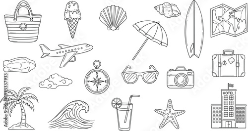 Summer beach holiday icons set with travel equipment and tropical vacation elements in hand drawn outline style.
