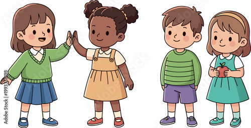 Diverse Kids Cartoon Characters Group with Children High Five Talking and Standing Together for Friendship School Activity Illustration Design