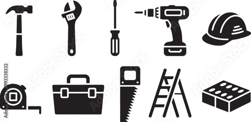 Collection of black and white construction and repair tool hammer wrench