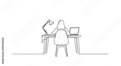 Woman working at desk with laptop and lamp, single line drawing, minimalist style