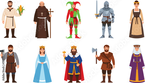 Medieval Characters Collection Featuring King Queen Knight Monk Jester Blacksmith and Peasant for Historical and Fantasy Illustration Design.