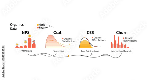 Customer Experience Metrics, Organics Data, NPS, CSAT, CES, Churn Rate Graphs, Business Analytics