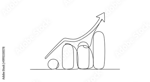 Continuous line drawing of a growing bar chart with an upward arrow, symbolizing success and progress.