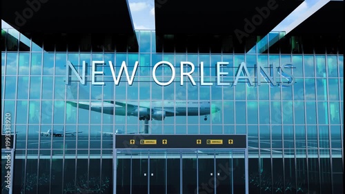 Airlane landing at New Orleans, USA. Arrival in the city with reflection of airport and aircraft