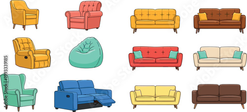 Modern Furniture Set with Armchairs Sofas Recliner Bean Bag and Couch Collection for Living Room Interior Design Illustration