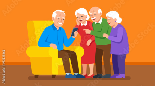 Elderly friends sharing a smartphone.