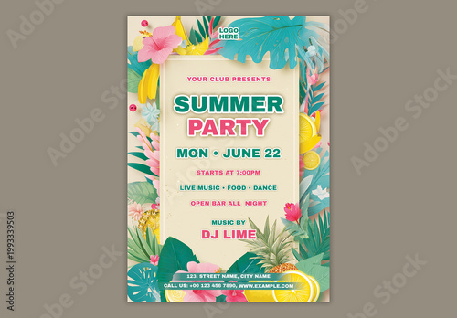 Editable Summer Party Flyer Template Design with Tropical Elements for Beach Event Promotion.