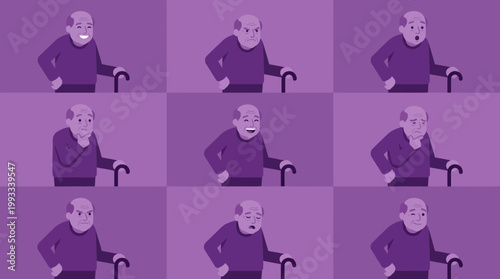 Elderly man with cane in purple.