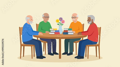Four elderly men sitting at a table.