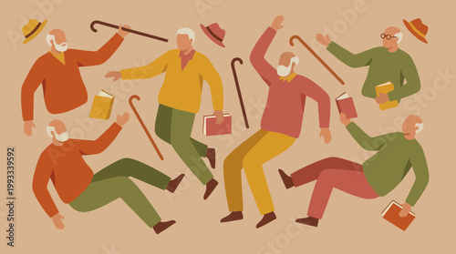 Elderly men in various colorful poses.