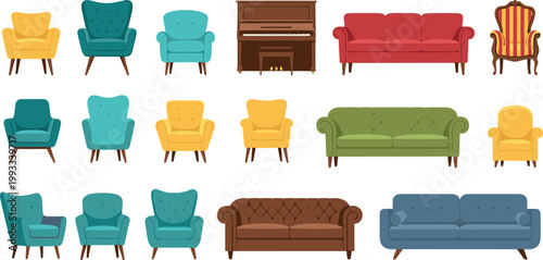 Furniture Collection Set with Sofas Armchairs Piano and Vintage Chairs for Living Room Interior Design Illustration